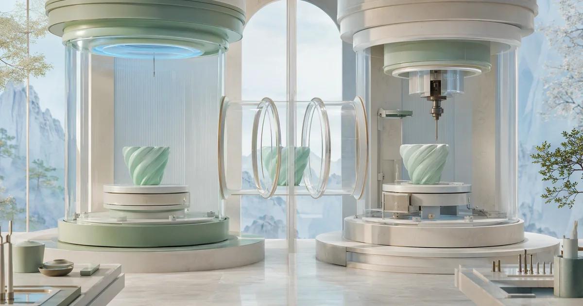Two transparent workshop chambers hold mint ceramic forms, with clear rings connecting the space between them.