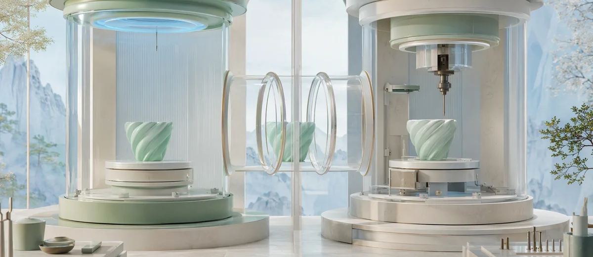 Two transparent workshop chambers hold mint ceramic forms, with clear rings connecting the space between them.