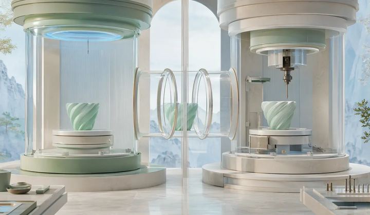 Two transparent workshop chambers hold mint ceramic forms, with clear rings connecting the space between them.