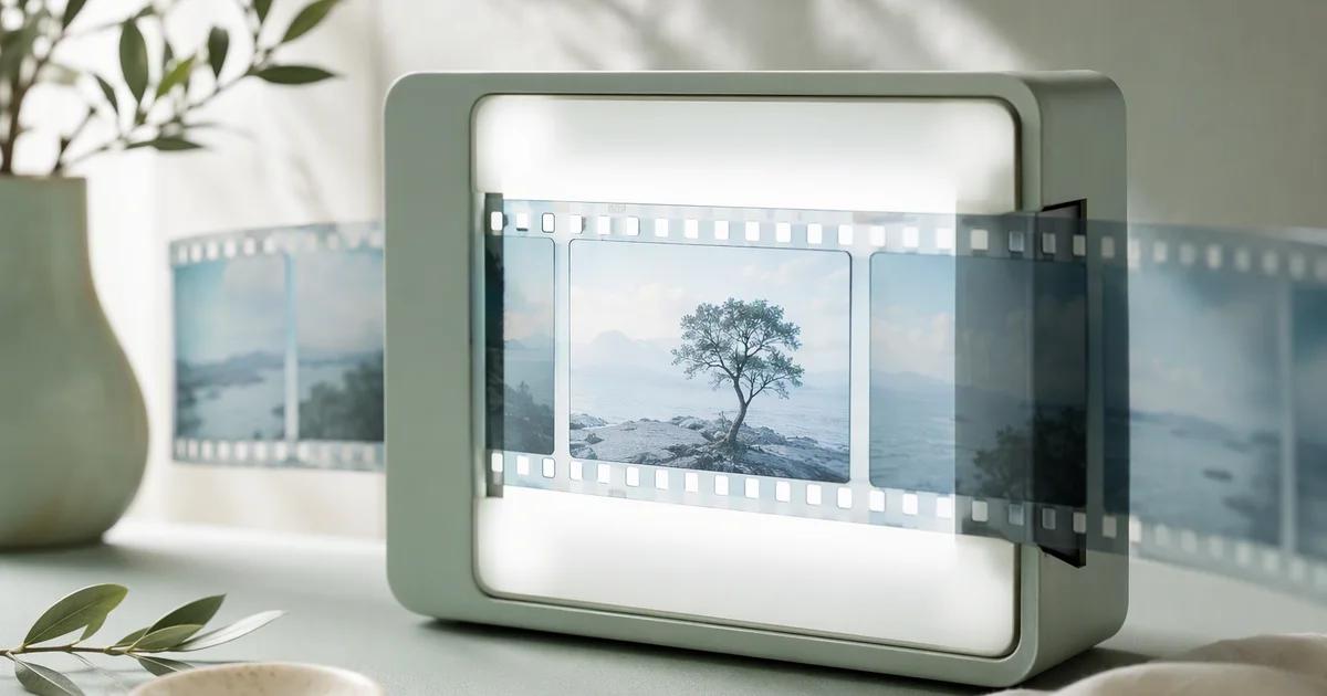 A strip of translucent pale blue film frames passing through a mint lightbox, with one frame in crisp focus and others softly receding