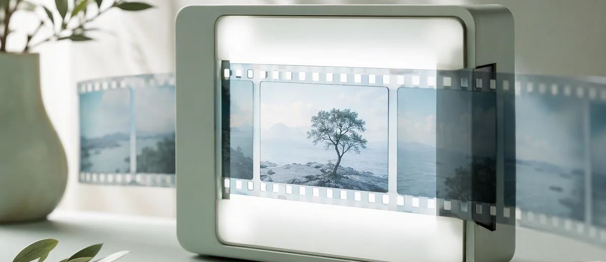 A strip of translucent pale blue film frames passing through a mint lightbox, with one frame in crisp focus and others softly receding