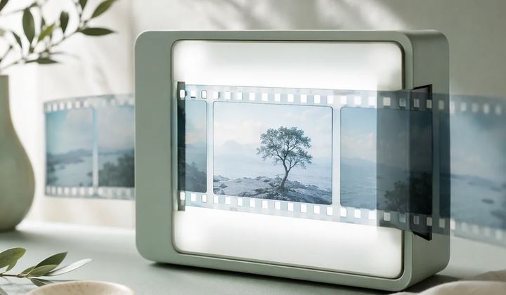 A strip of translucent pale blue film frames passing through a mint lightbox, with one frame in crisp focus and others softly receding