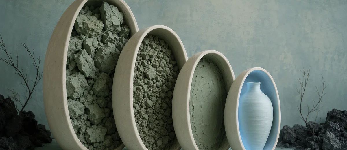 Four upright ivory oval trays display green clay in progressively finer forms and a finished pale blue vase.