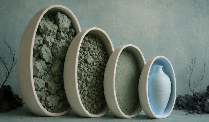 Four upright ivory oval trays display green clay in progressively finer forms and a finished pale blue vase.
