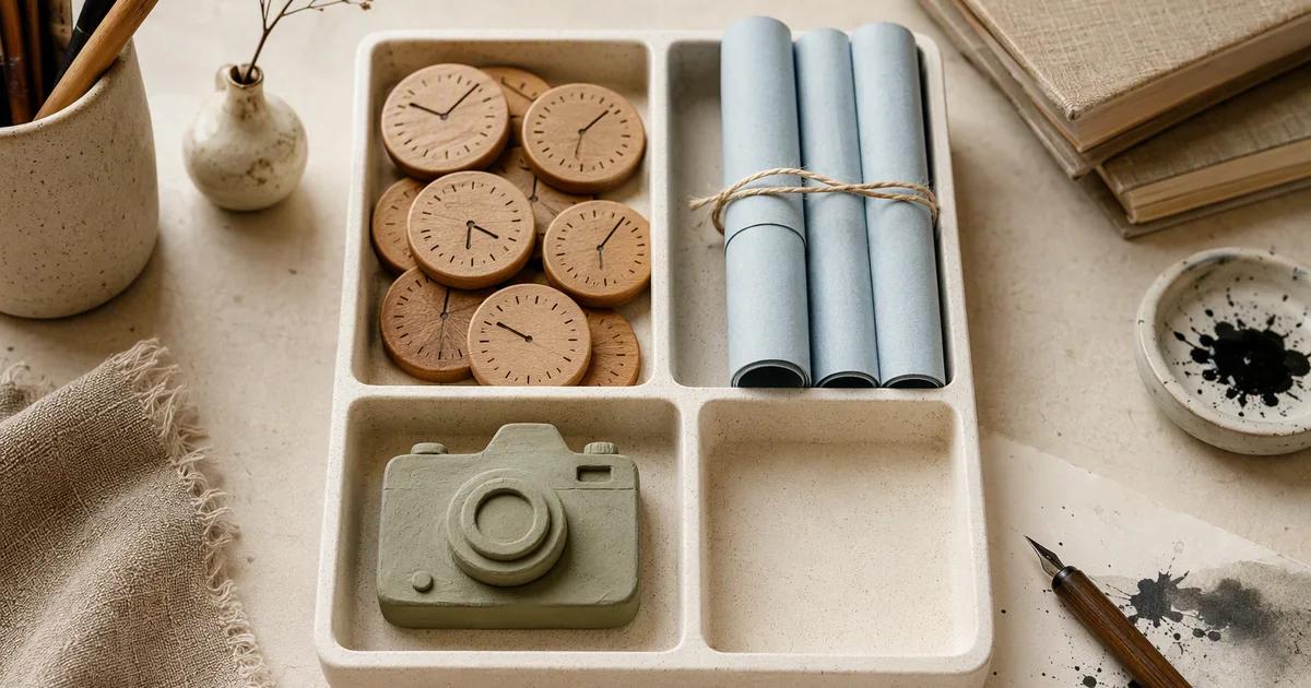 A divided tray holds wooden clock tokens, rolled blue papers and a sage camera model, with one compartment empty.