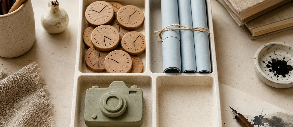 A divided tray holds wooden clock tokens, rolled blue papers and a sage camera model, with one compartment empty.