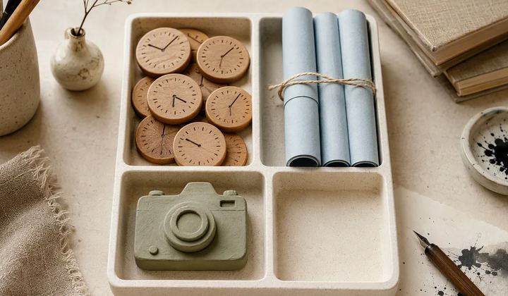 A divided tray holds wooden clock tokens, rolled blue papers and a sage camera model, with one compartment empty.
