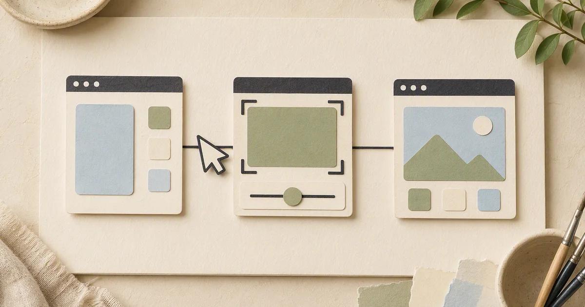 Three abstract paper interface panels connected into a focused task sequence.