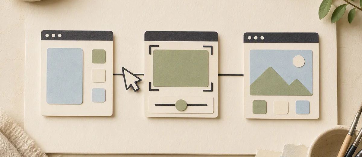 Three abstract paper interface panels connected into a focused task sequence.