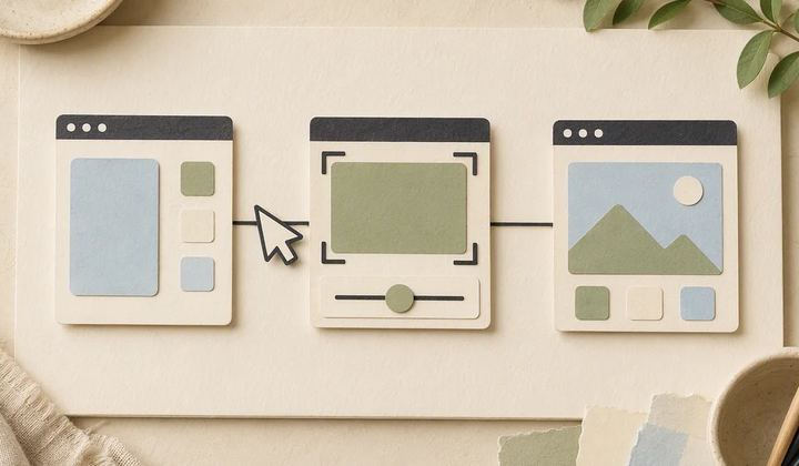 Three abstract paper interface panels connected into a focused task sequence.
