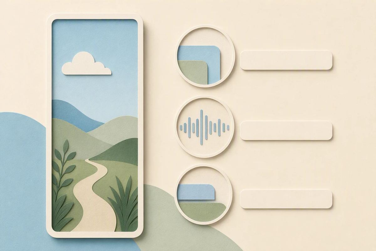 A video preview is inspected through three lenses showing crop, sound, and captions.