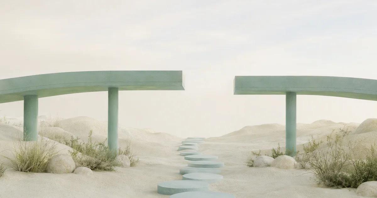 Pale blue stepping stones cross an ivory landscape beneath a gap in an elevated mint walkway.