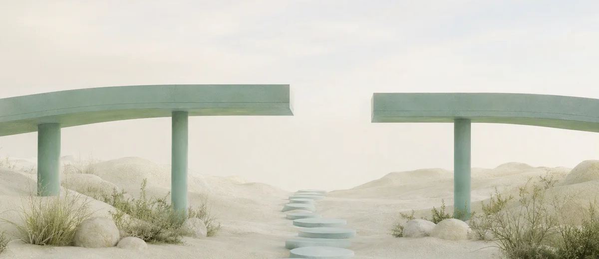 Pale blue stepping stones cross an ivory landscape beneath a gap in an elevated mint walkway.