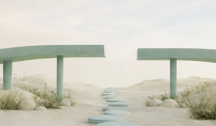 Pale blue stepping stones cross an ivory landscape beneath a gap in an elevated mint walkway.