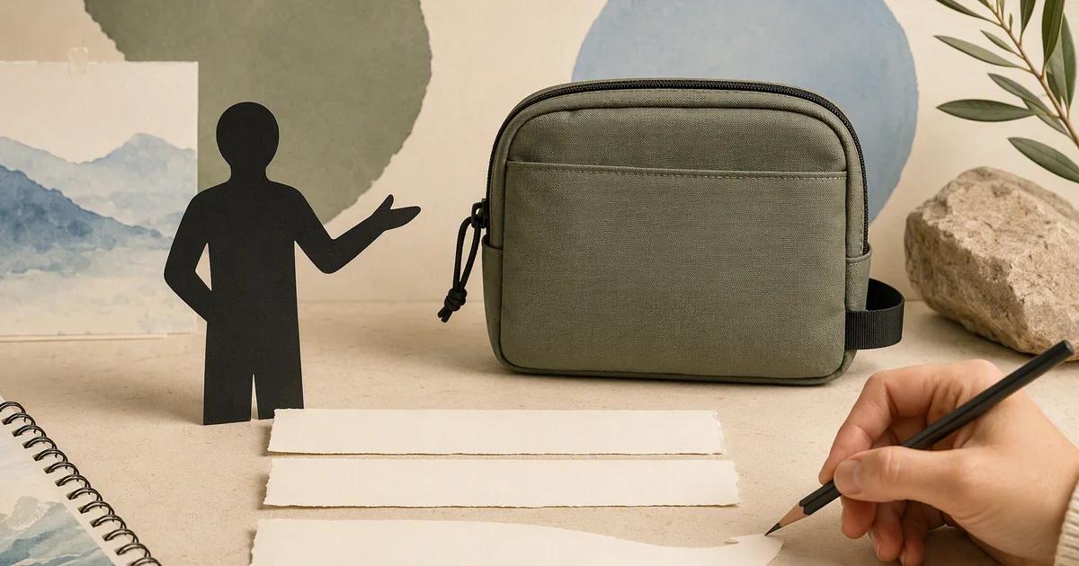 A presenter silhouette, travel pouch, and blank script strips on an editing desk.