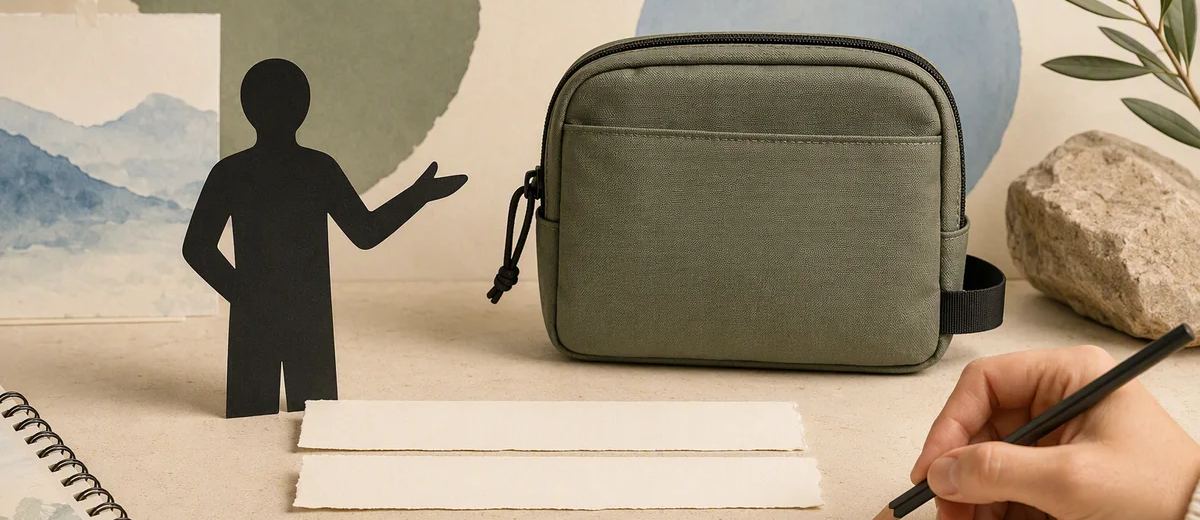 A presenter silhouette, travel pouch, and blank script strips on an editing desk.