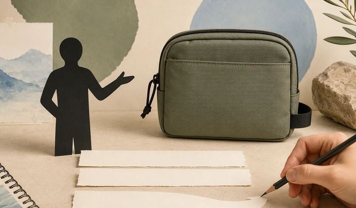 A presenter silhouette, travel pouch, and blank script strips on an editing desk.