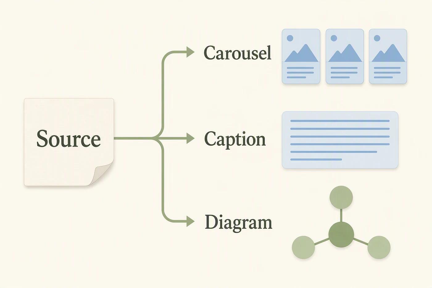 A verified source passage branching into three different deliverables: carousel, caption, and diagram.