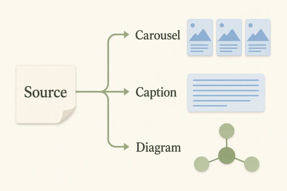 A verified source passage branching into three different deliverables: carousel, caption, and diagram.