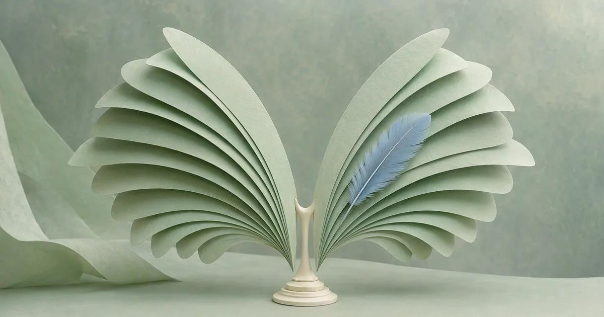 Two mint paper wings fan outward from an ivory stand, with a pale blue feather resting on the right wing.
