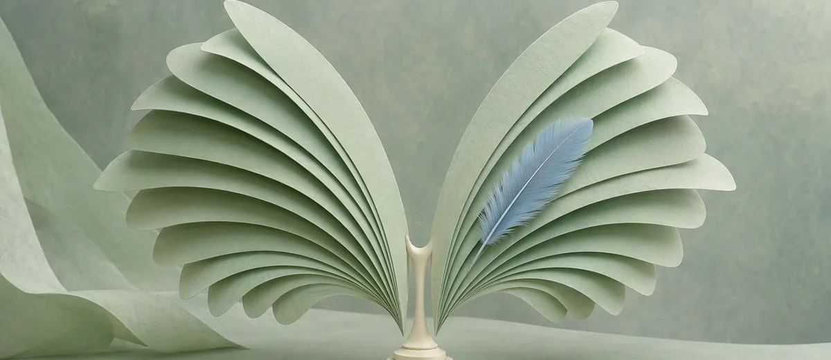 Two mint paper wings fan outward from an ivory stand, with a pale blue feather resting on the right wing.