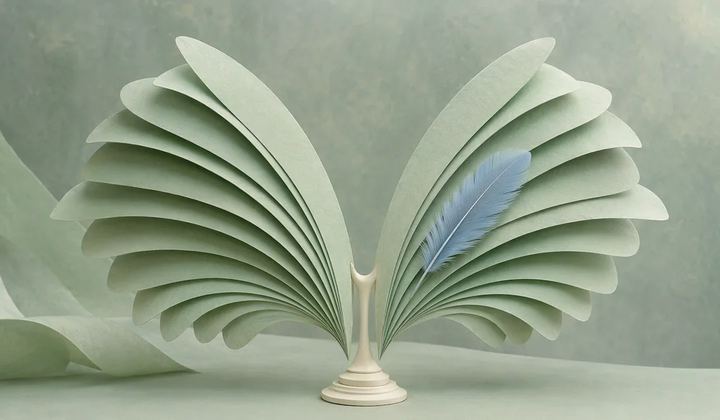 Two mint paper wings fan outward from an ivory stand, with a pale blue feather resting on the right wing.