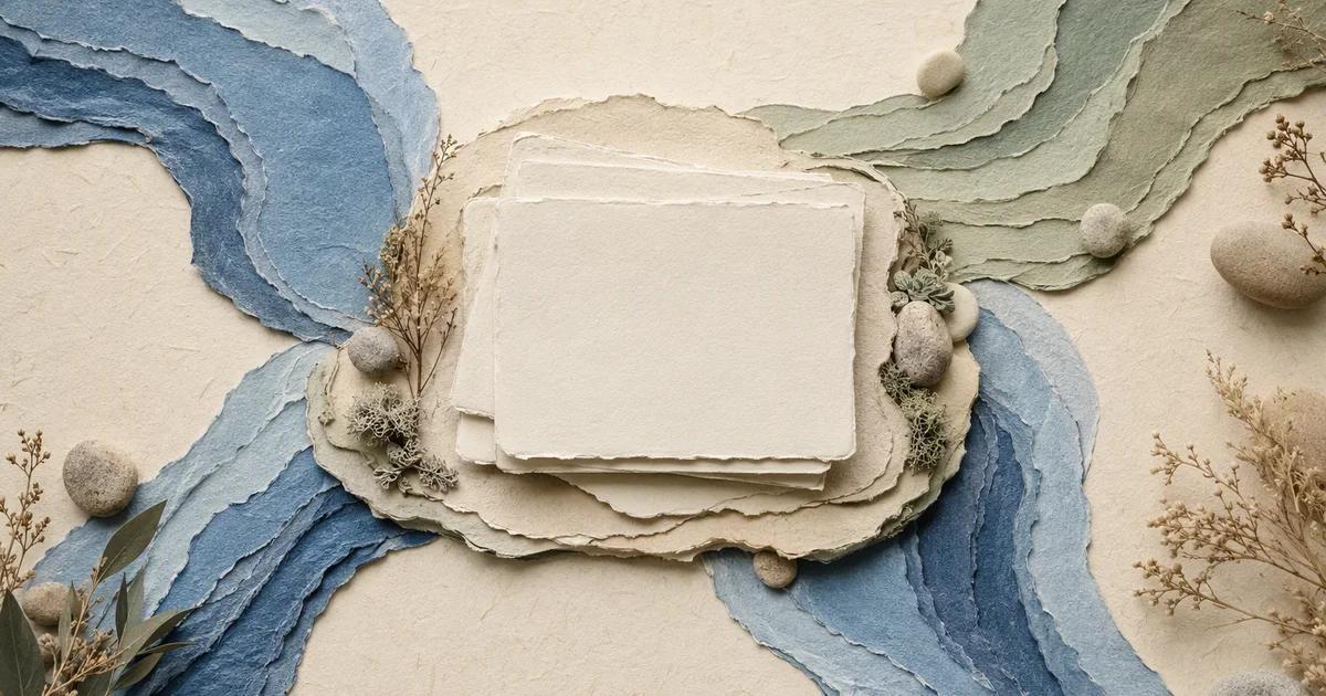Streams of textured blue and sage paper flowing around blank content cards.