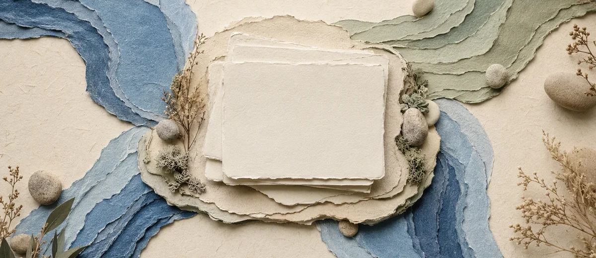 Streams of textured blue and sage paper flowing around blank content cards.