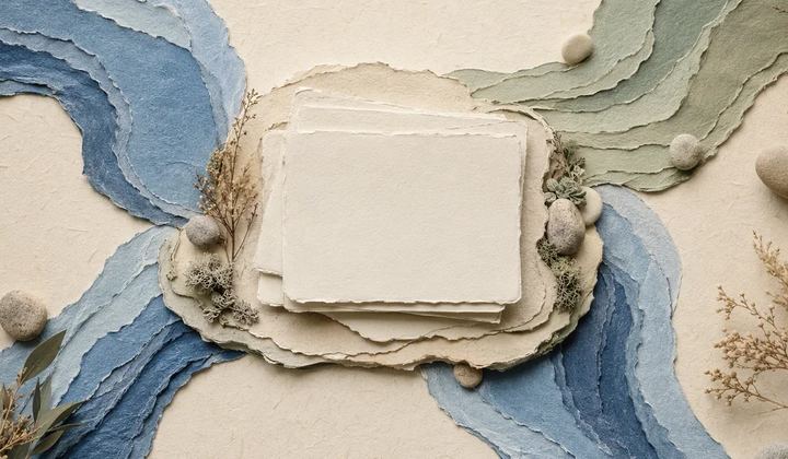 Streams of textured blue and sage paper flowing around blank content cards.