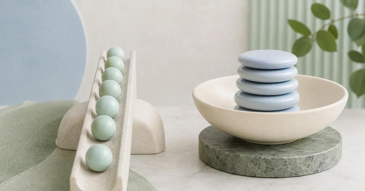 Mint beads line an inclined ivory track beside a stack of pale blue discs in an ivory bowl.