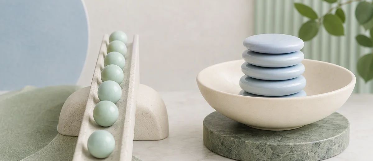 Mint beads line an inclined ivory track beside a stack of pale blue discs in an ivory bowl.
