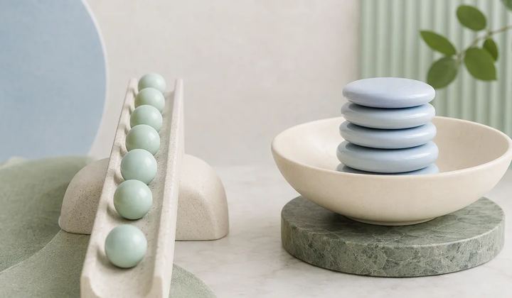 Mint beads line an inclined ivory track beside a stack of pale blue discs in an ivory bowl.
