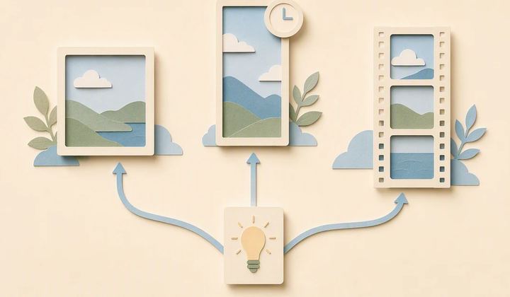 One idea card is placed into three different paper viewing frames.