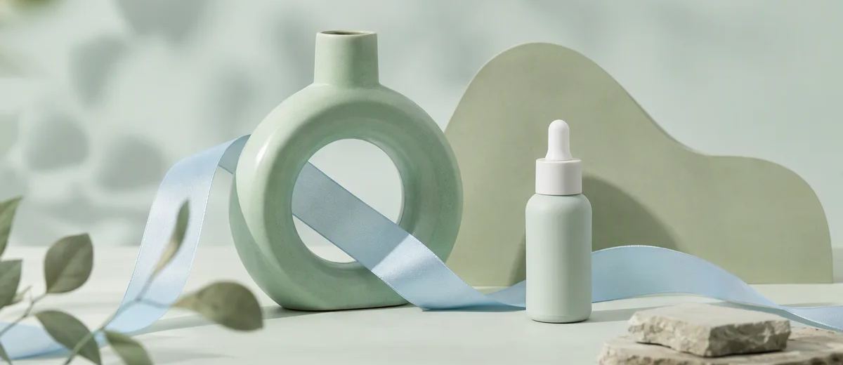 An unlabeled bottle beside a blue ribbon passing through a green ceramic ring.