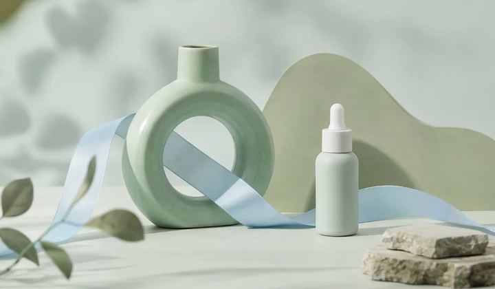 An unlabeled bottle beside a blue ribbon passing through a green ceramic ring.