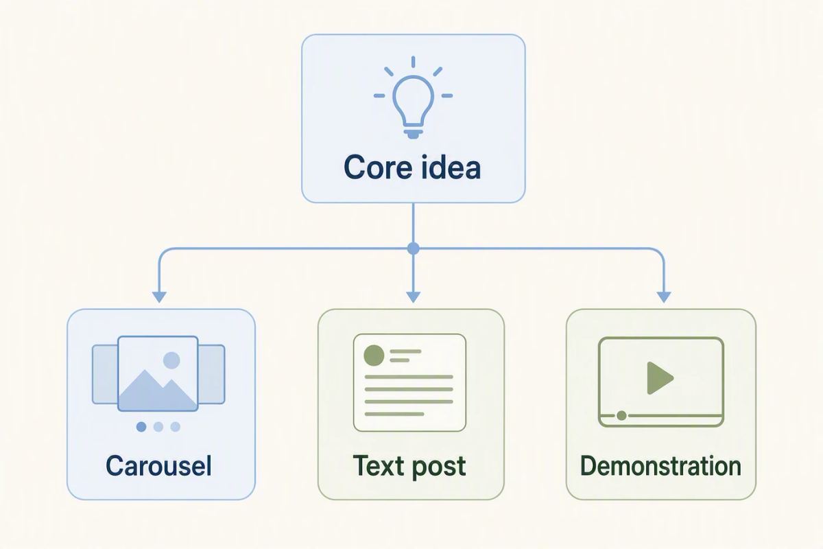 A shared idea card branching into a carousel, a text post, and a short demonstration