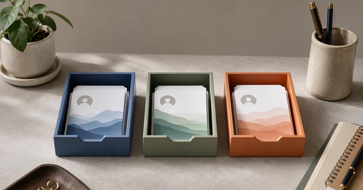 AI-generated conceptual cover: A polished editorial still life of three distinct sets of social-content cards separated into orderly colored trays, with small neutral profile symbols. Suggest separate brands and accountable organization, not a real dashboard.