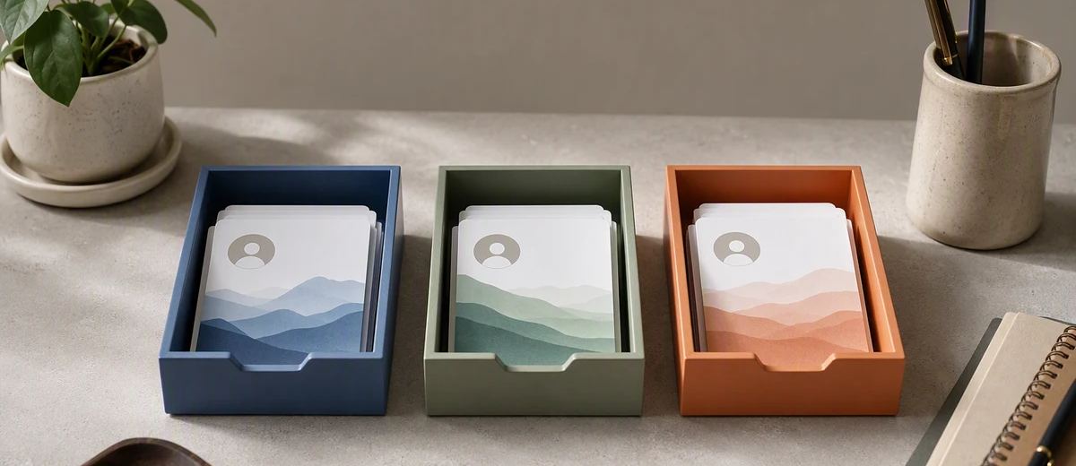 AI-generated conceptual cover: A polished editorial still life of three distinct sets of social-content cards separated into orderly colored trays, with small neutral profile symbols. Suggest separate brands and accountable organization, not a real dashboard.