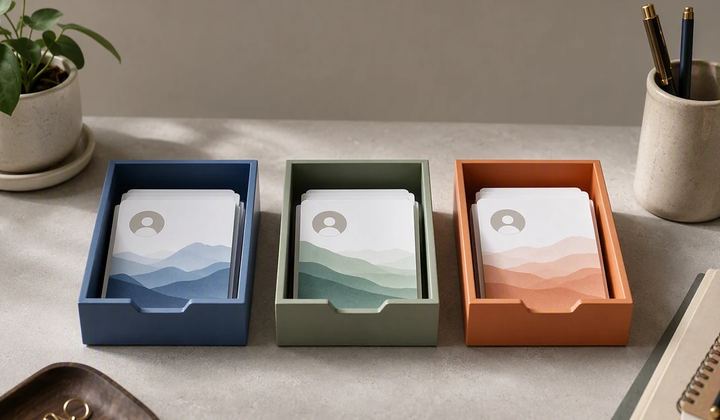 AI-generated conceptual cover: A polished editorial still life of three distinct sets of social-content cards separated into orderly colored trays, with small neutral profile symbols. Suggest separate brands and accountable organization, not a real dashboard.
