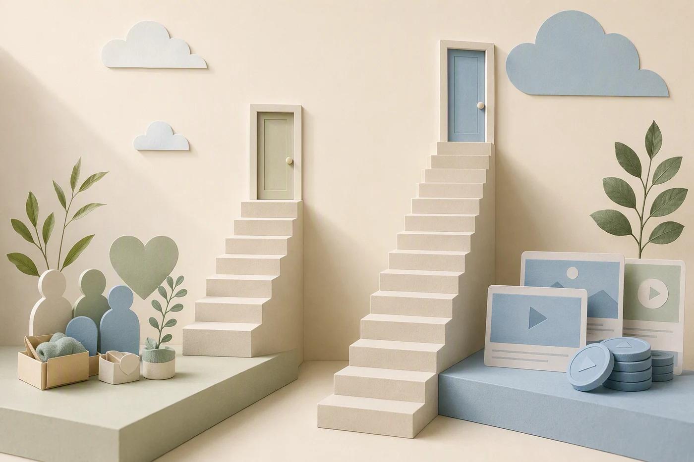 Different staircases represent earlier-access features and advertising revenue eligibility.