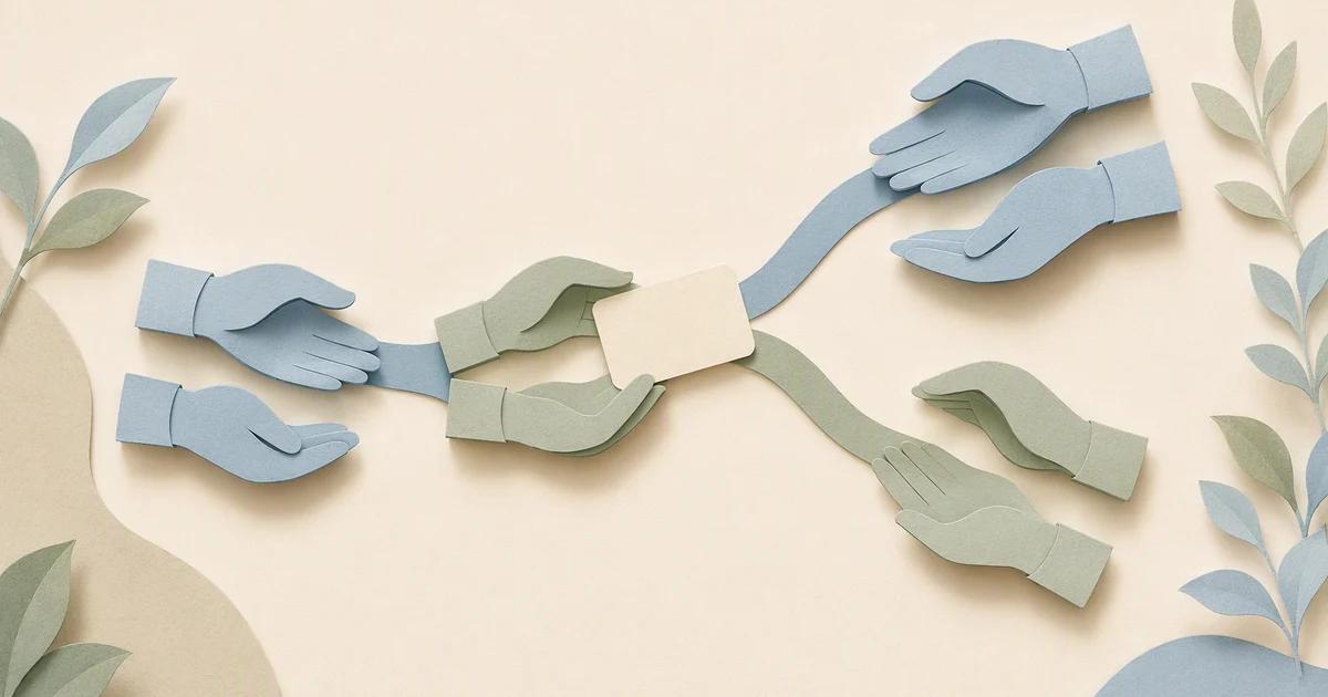 Paper hands pass a blank card along branching blue and green paths.