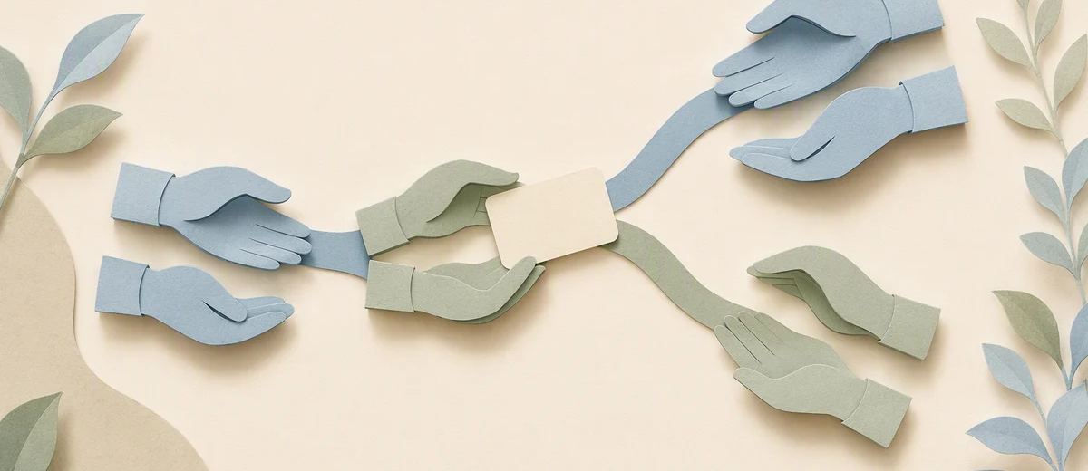 Paper hands pass a blank card along branching blue and green paths.