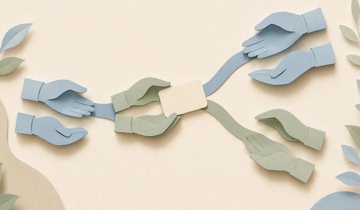 Paper hands pass a blank card along branching blue and green paths.
