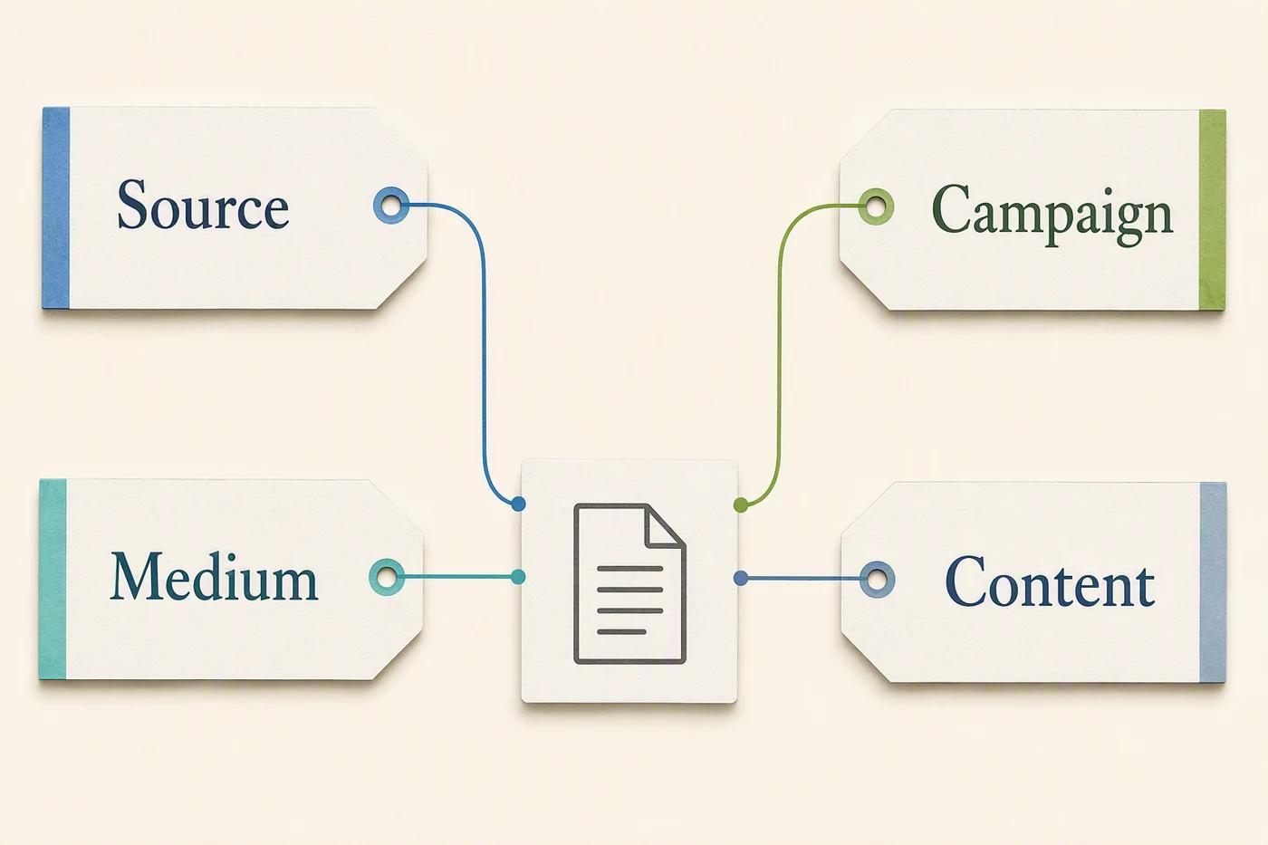 Four campaign fields labeled Source, Medium, Campaign, and Content surrounding one destination card.