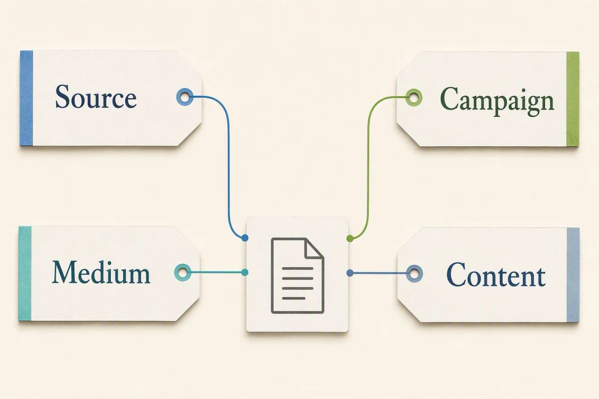 Four campaign fields labeled Source, Medium, Campaign, and Content surrounding one destination card.