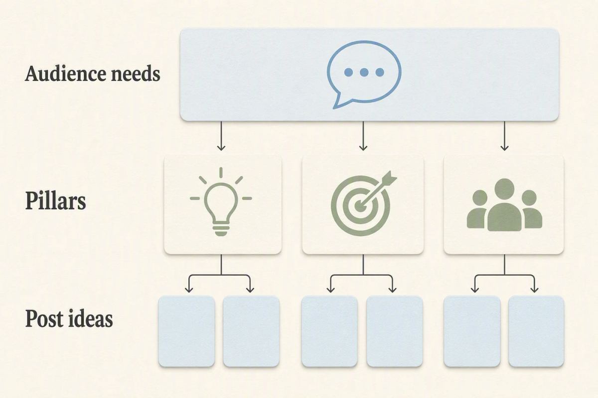 A planning map connects audience needs to topic pillars and individual post ideas.