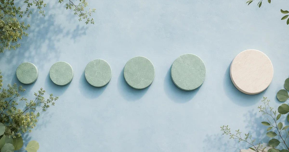 Circular stepping stones grow larger toward an ivory endpoint on a blue surface.