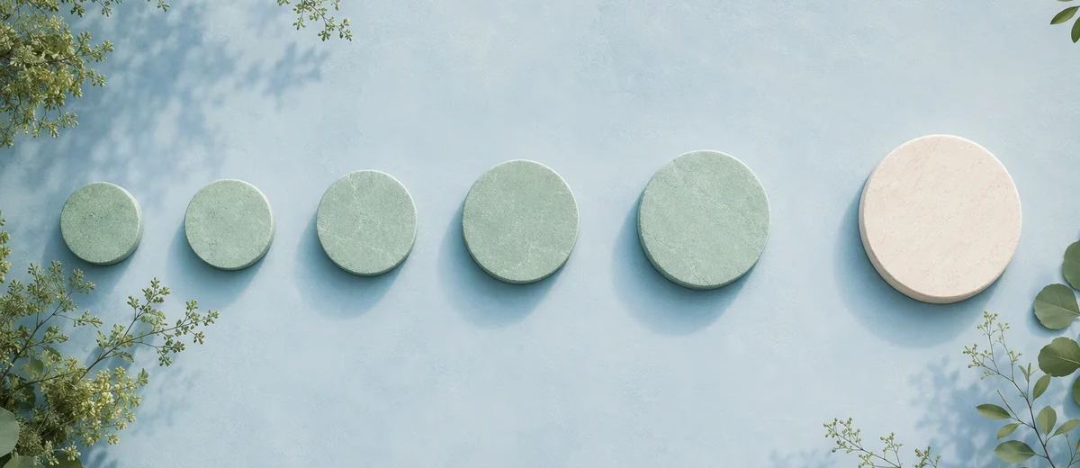 Circular stepping stones grow larger toward an ivory endpoint on a blue surface.