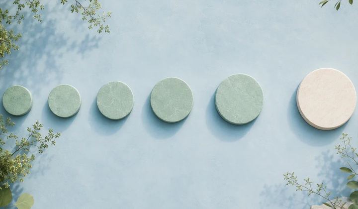 Circular stepping stones grow larger toward an ivory endpoint on a blue surface.