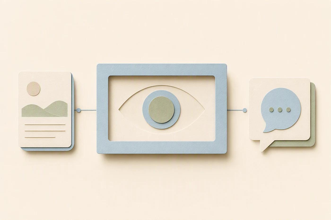 A post card connects to a viewing window and then to a separate conversation card.